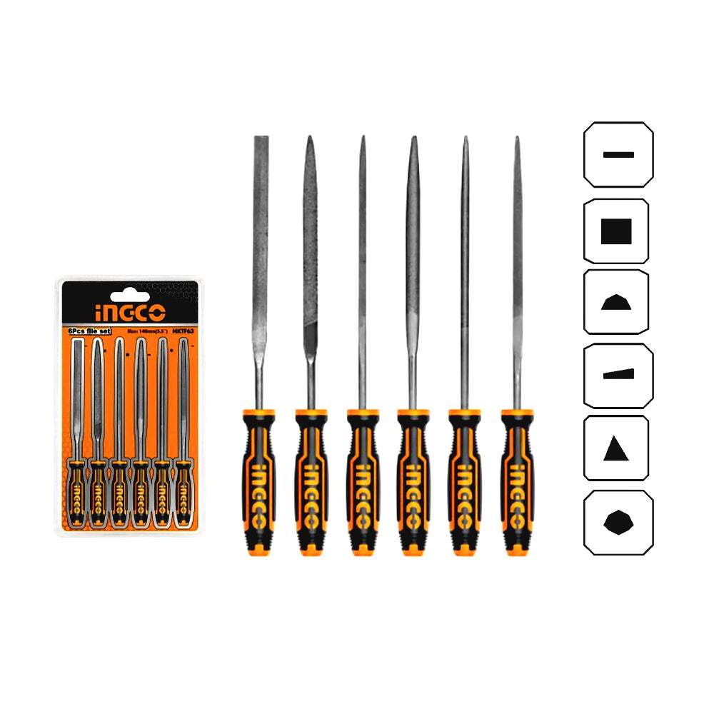 Bộ 6 giũa sắt (140mm) INGCO HKTF63 đường kính: 3mm, gồm giũa dẹp, tròn, bán nguyệt, vuông, tam giác và dao - Thinksafe