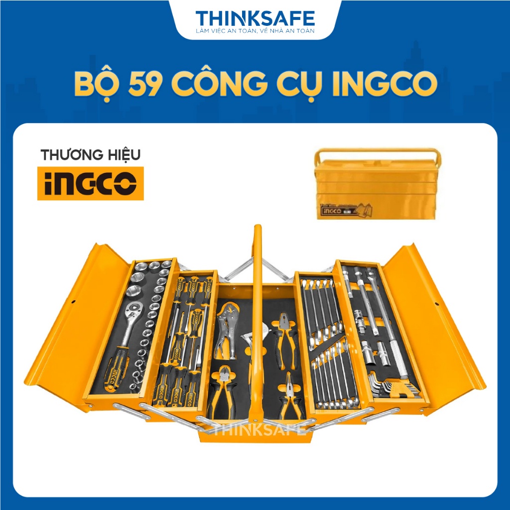 Bộ đồ nghề 59 công cụ INGCO HTCS15591 gồm tay vặn và đầu cắm, kìm, vặn khóa hàm cong Dụng cụ sửa xe máy -Thinksafe