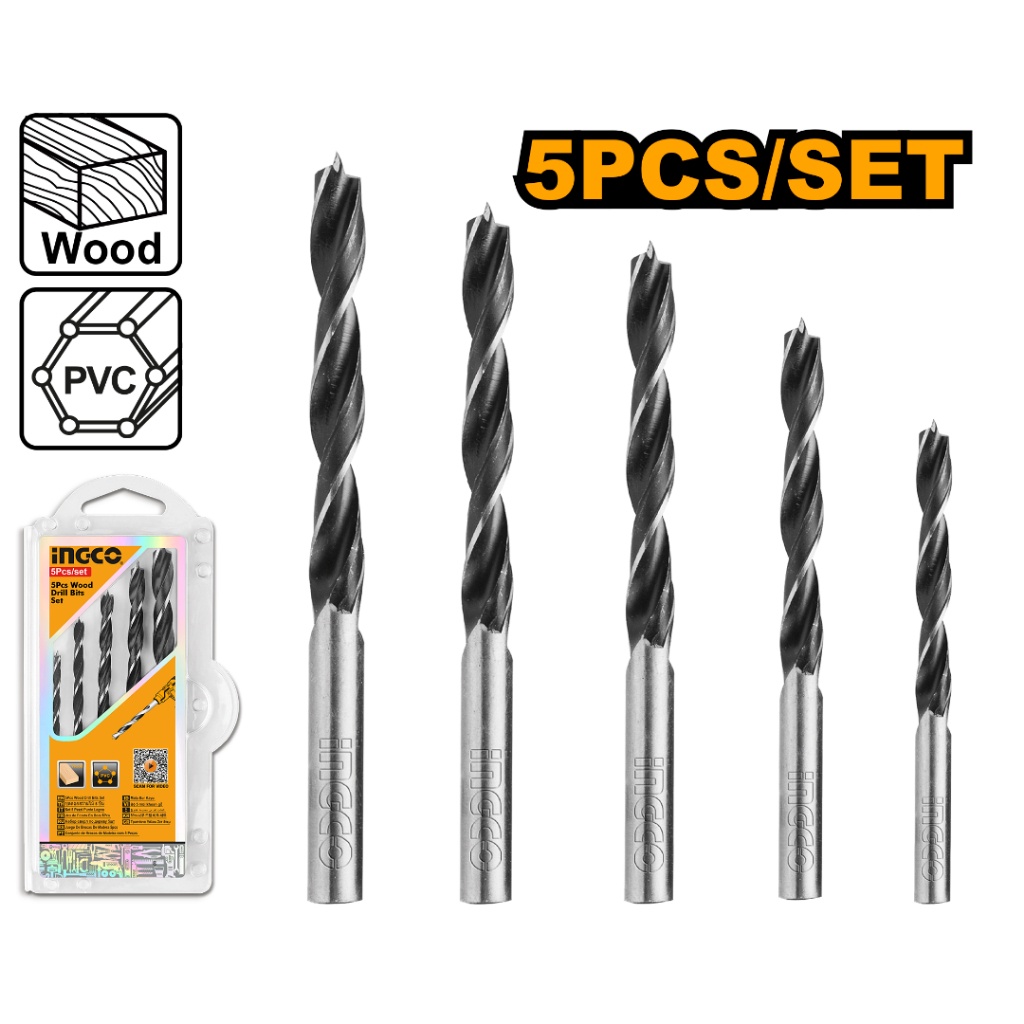 Mũi khoan gỗ INGCO AKDB5055 với 5 kích thước: 3X61, 4X75, 5X86, 6X93, 8X117 - Thinksafe