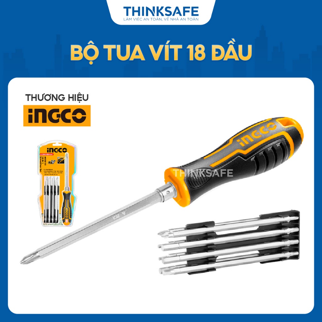 Bộ tua vít 18 đầu INGCO AKISD0181, Kích thước 6.35X160MM, chất liệu thép crv, tay cầm hoán đổi dễ dàng - Thinksafe