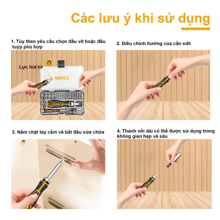 Bộ tua vít 55 chi tiết INGCO HKSDB0558 gồm 21 Mũi Vít 6.35 x 25mm, 20 Mũi Vít Chính Xác, thép crv có từ - Thinksafe