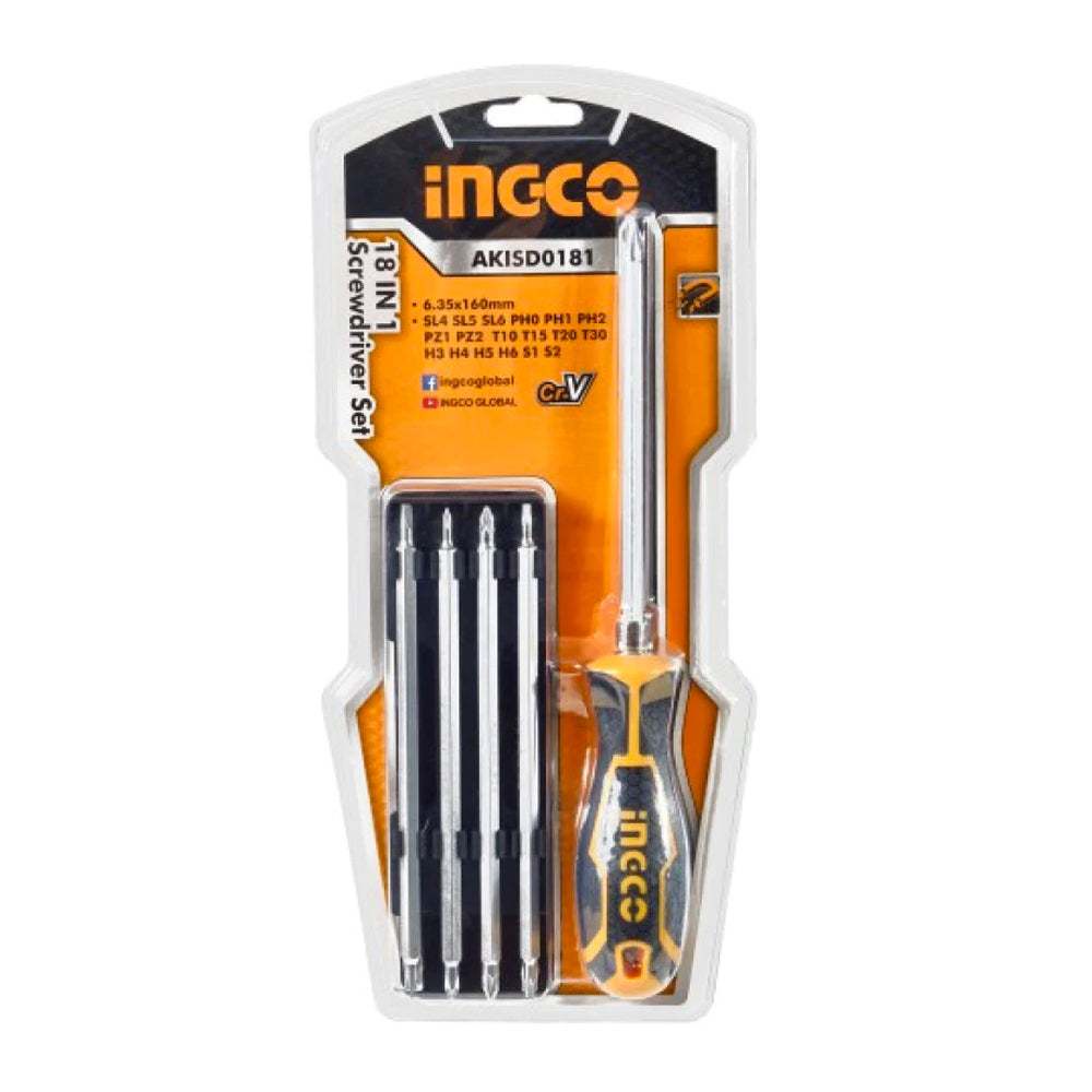 Bộ tua vít 18 đầu INGCO AKISD0181, Kích thước 6.35X160MM, chất liệu thép crv, tay cầm hoán đổi dễ dàng - Thinksafe