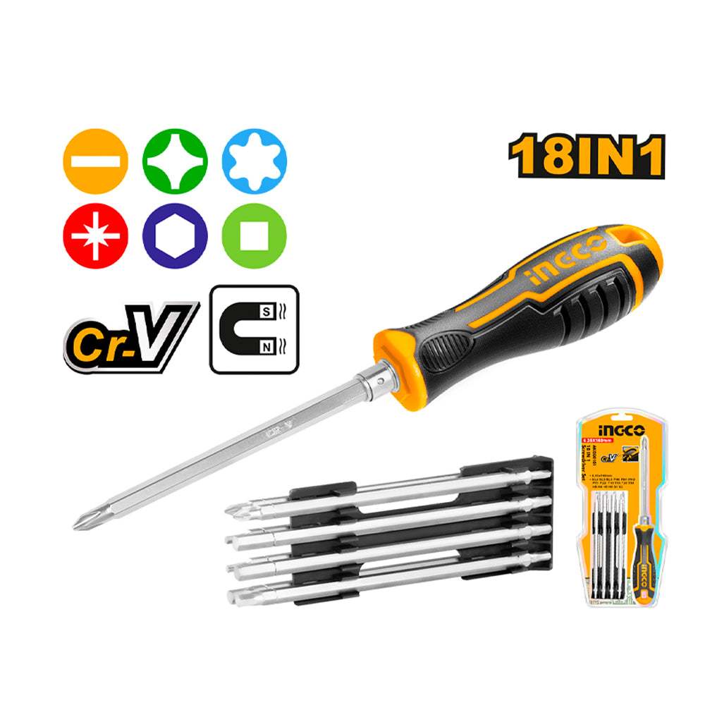 Bộ tua vít 18 đầu INGCO AKISD0181, Kích thước 6.35X160MM, chất liệu thép crv, tay cầm hoán đổi dễ dàng - Thinksafe