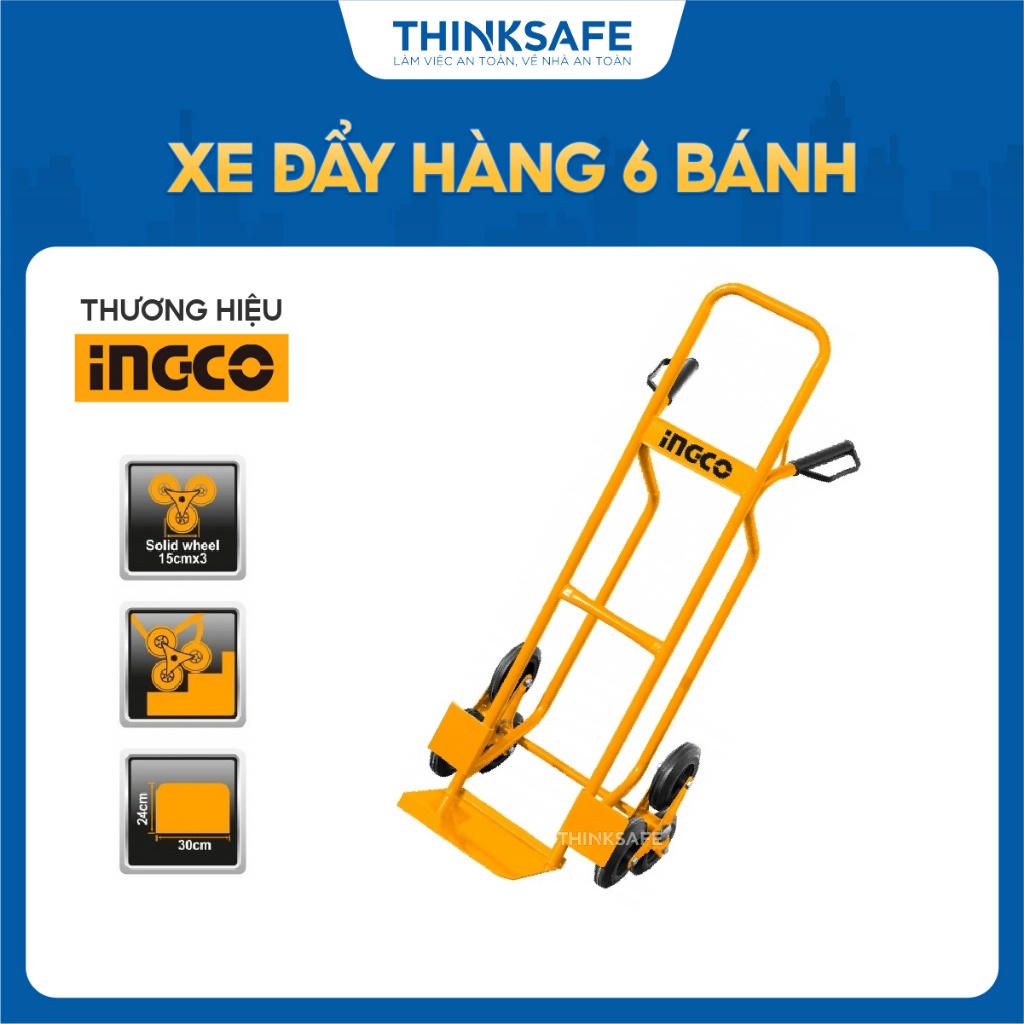 Xe đẩy hàng 6 bánh leo cầu thang INGCO HHHT20461 tải 200kg, thiết kế 3 bánh, tay cầm nhựa, kích thước 620x1190x510mm