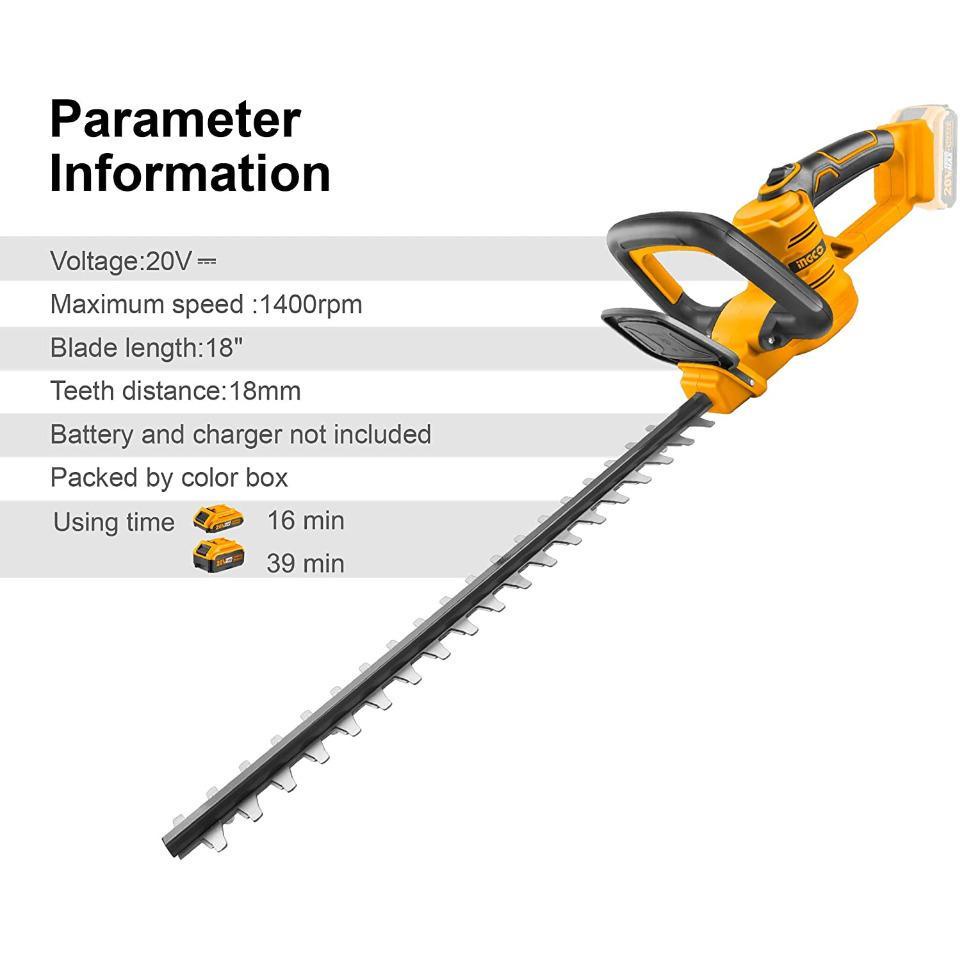 Máy cắt hàng rào 20V INGCO CHTLI20018, Chiều dài lưỡi 18inch, Tốc độ tối đa 140rpm, Không kèm pin và sạc - Thinksafe