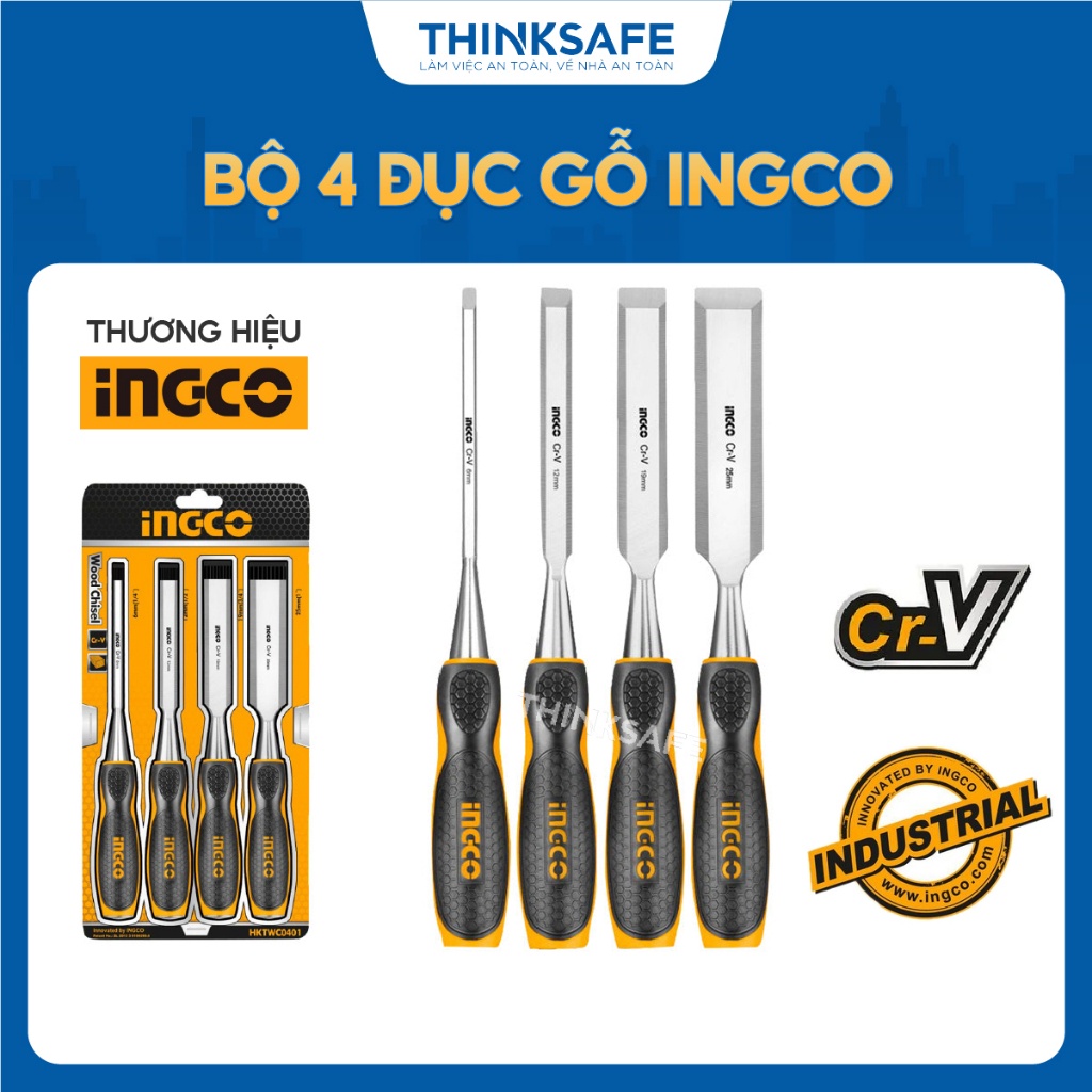 Bộ 4 Đục Gỗ INGCO HKTWC0401, Độ Rộng 6mm, 12mm, 19mm, 25mm, Chiều Dài 140mm CRV - Thinksafe