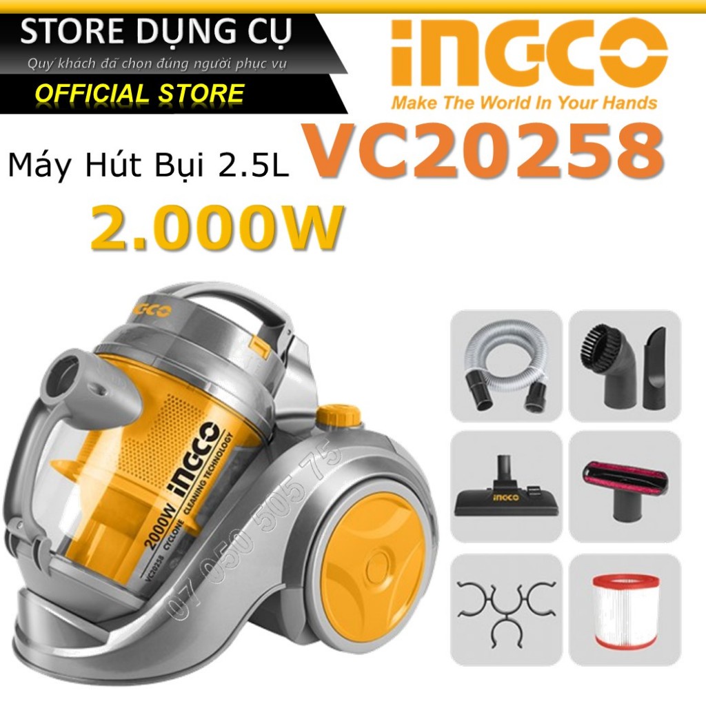 Máy hút bụi INGCO VC20258 2000W, Motor dây đồng, Công suất hút 260~330W, Sơn tĩnh điện, Dung tích 2.5L - Thinksafe