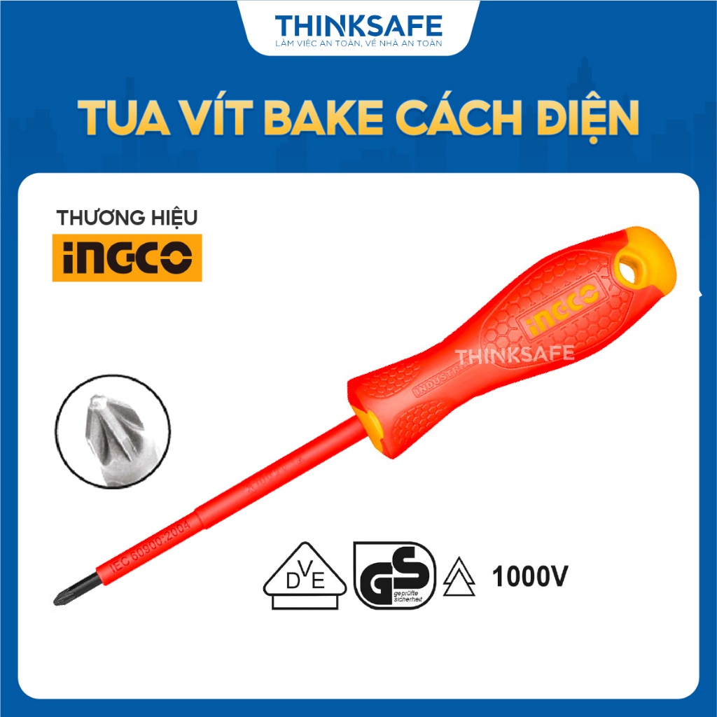 Tua vít bake cách điện INGCO chất liệu thép crv, kích thước ph0, ph1, ph2, pz2 đầu vít có từ, chứng nhận VDE - Thinksafe