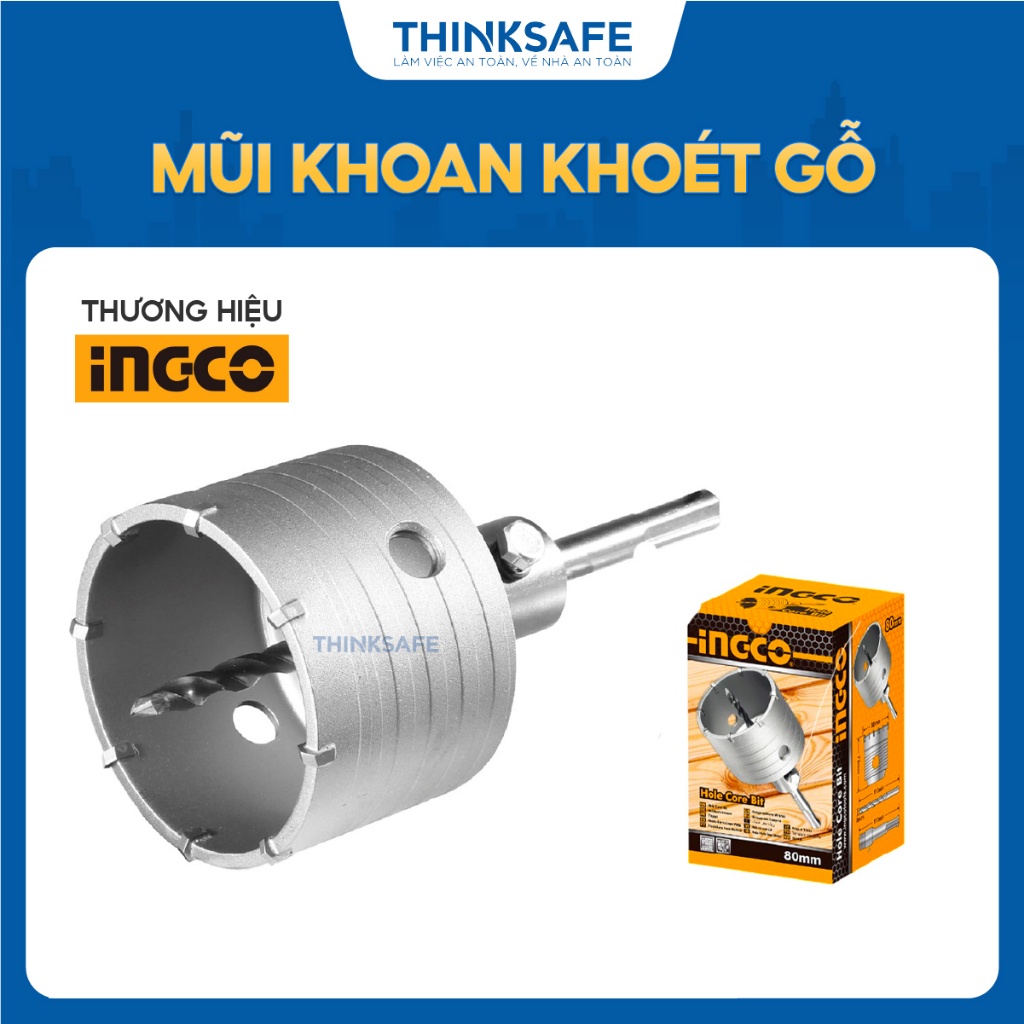 Mũi khoan lỗ INGCO đường kính lõi 50mm - 100mm, 5 lưỡi TCT, Khớp nối 110mm, kèm mũi khoan gài 110mm - Thinksafe