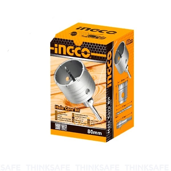 Mũi khoan lỗ INGCO đường kính lõi 50mm - 100mm, 5 lưỡi TCT, Khớp nối 110mm, kèm mũi khoan gài 110mm - Thinksafe