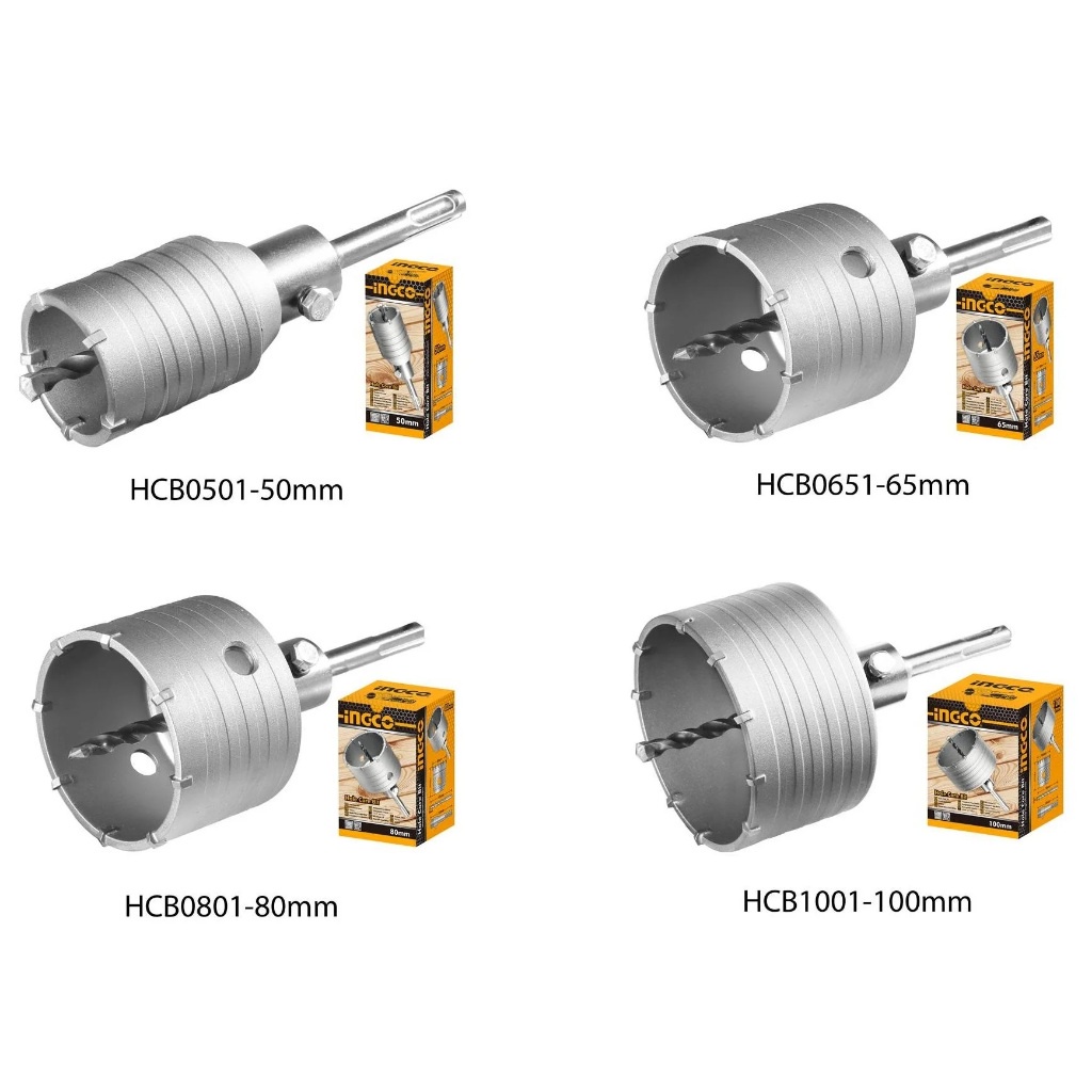 Mũi khoan lỗ INGCO đường kính lõi 50mm - 100mm, 5 lưỡi TCT, Khớp nối 110mm, kèm mũi khoan gài 110mm - Thinksafe