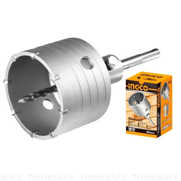 Mũi khoan lỗ INGCO đường kính lõi 50mm - 100mm, 5 lưỡi TCT, Khớp nối 110mm, kèm mũi khoan gài 110mm - Thinksafe