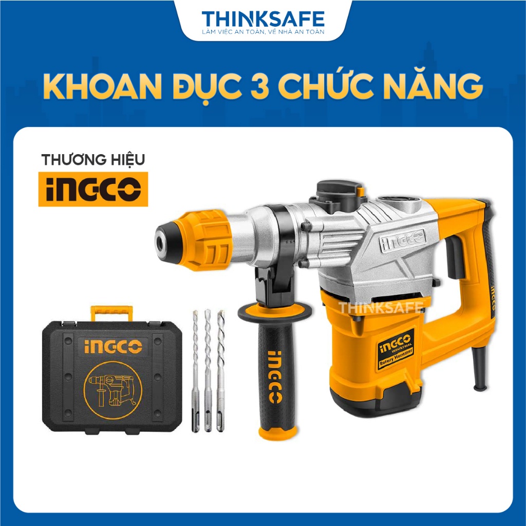Máy khoan đục INGCO điện áp 220V, công suất 1050W - 1800W, Kèm 3 mũi khoan gài và 2 mũi đục - Thinksafe