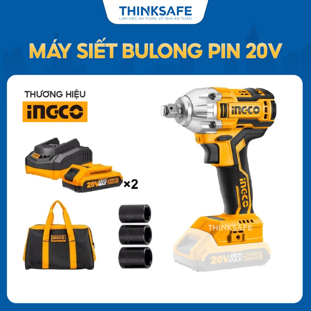 Máy siết buloong pin 20V INGCO CIWLI2001, Mô men xoắn 300NM, 2 Pin 2Ah + Sạc, Trọng lượng 2.3 kg - Thinksafe