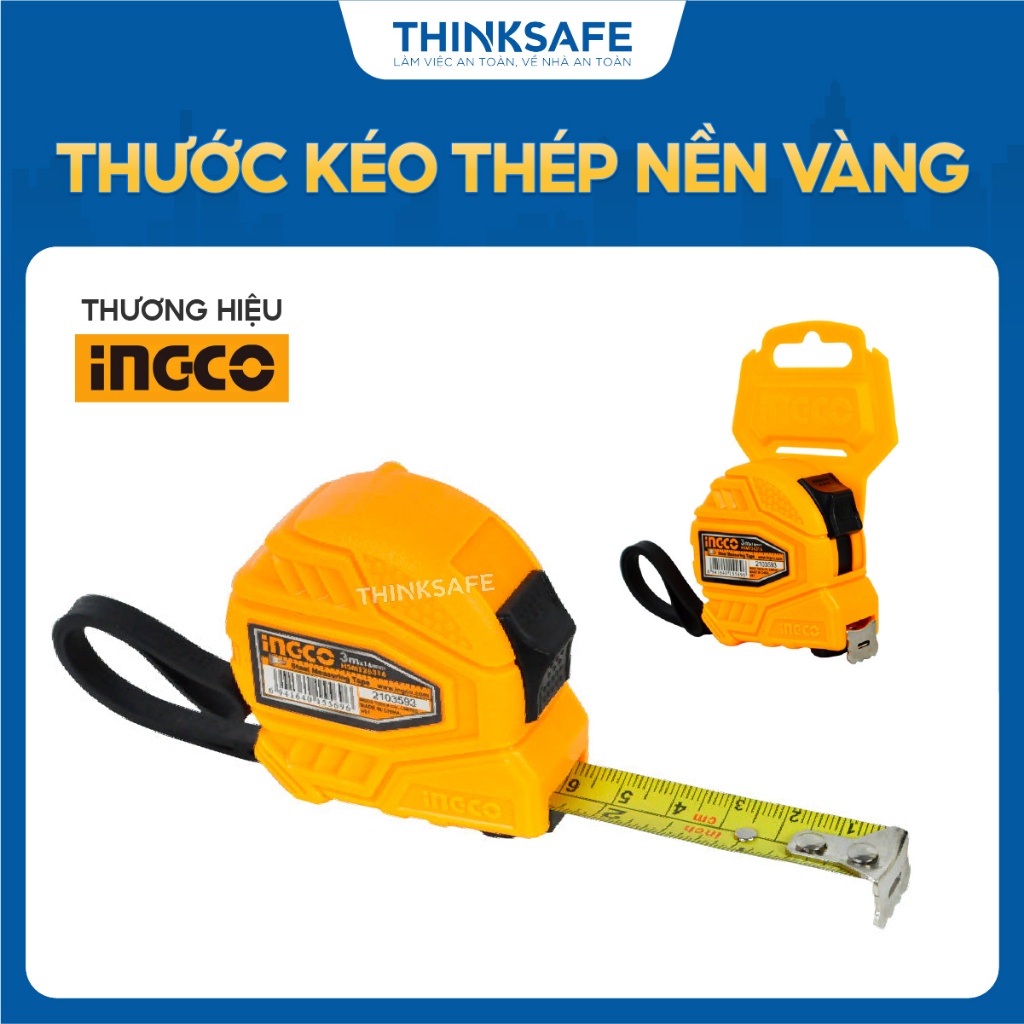 Thước cuộn kéo thép nền vàng 3m, 5m INGCO HSMT26316  - Nút bật đôi - Đơn vị đo mét và inch - Vỏ ngoài ABS - Thinksafe