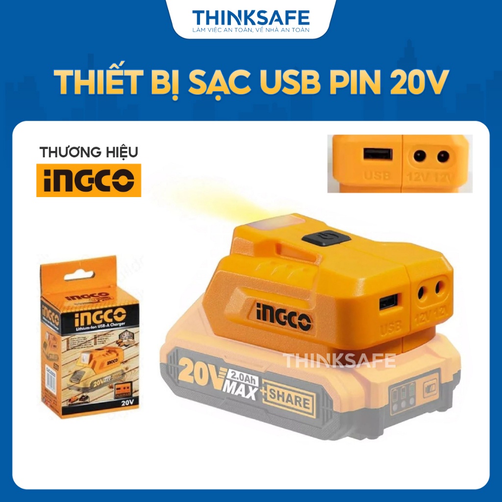 Thiết bị sạc USB 20V INGCO CUCLI2022, Công suất đầu ra 5V/1A 12V/0.5A, Không kèm Pin và sạc - Thinksafe