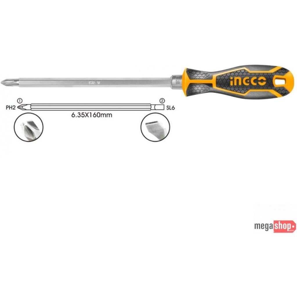Tua vít 2 đầu INGCO AKISD0201 có từ tính, kích thước 6.35 x160mm, mũi PH2 và SL6, Tay cầm đổi đầu - Thinksafe.