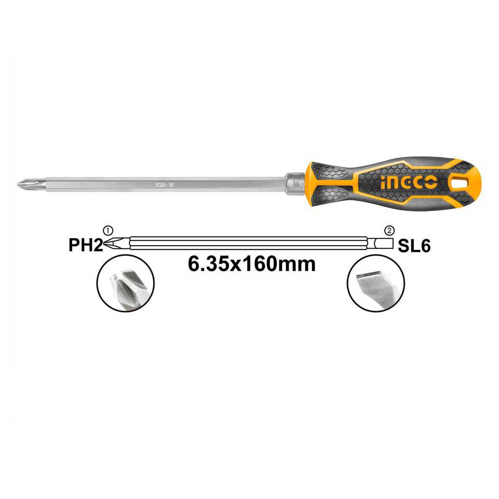 Tua vít 2 đầu INGCO AKISD0201 có từ tính, kích thước 6.35 x160mm, mũi PH2 và SL6, Tay cầm đổi đầu - Thinksafe.