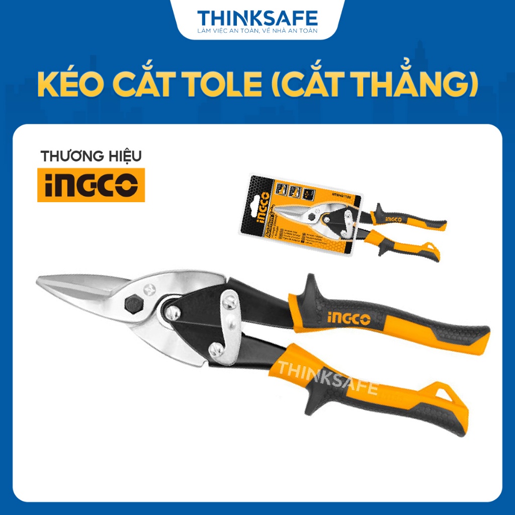 Kéo cắt tole (cắt thẳng) INGCO HTSN0110S, tay cầm mềm, Dài 250mm, thép carbon ≤1.2mm, thép không gỉ ≤0.7mm - Thinksafe