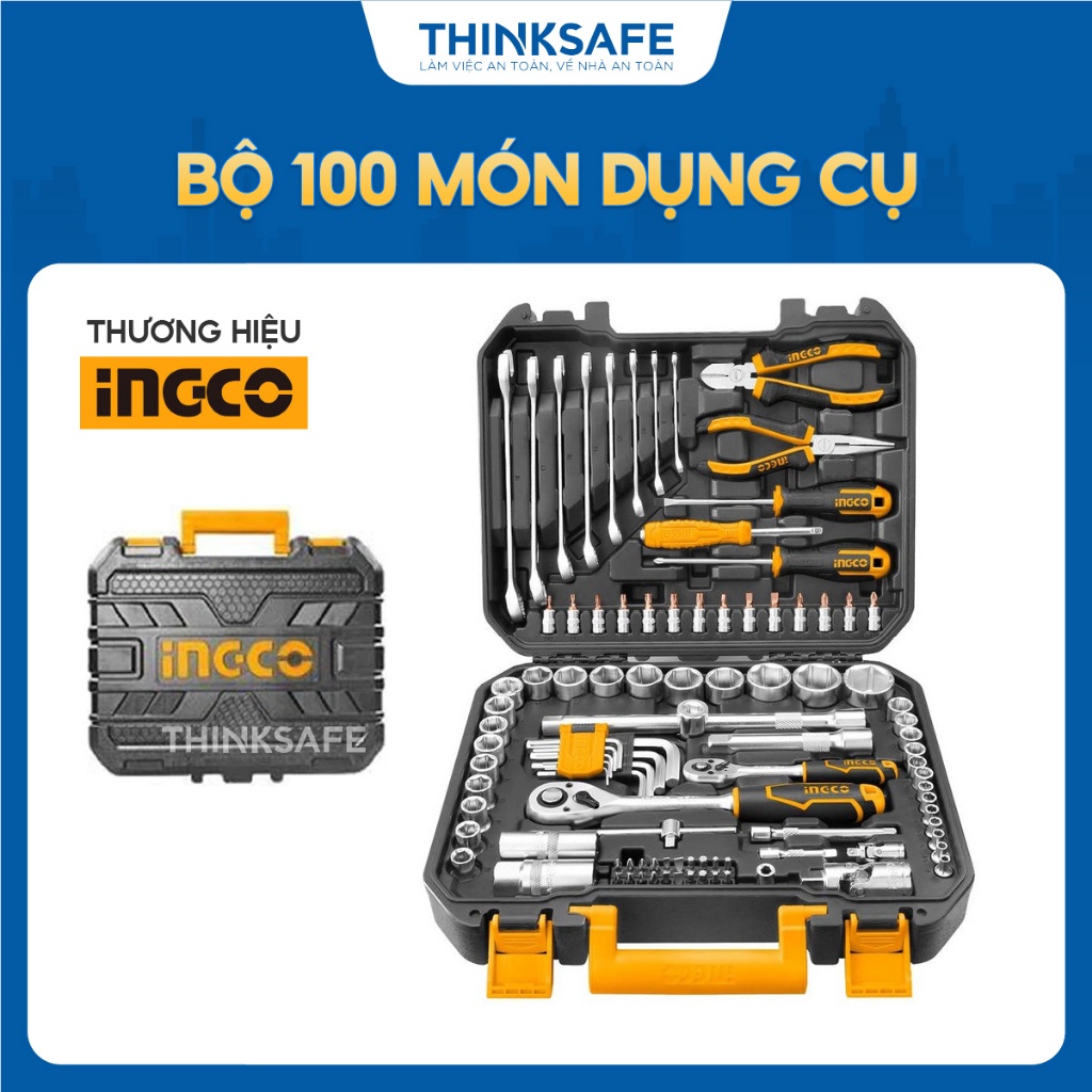 Bộ đồ nghề đa năng INGCO HKTHP21001 gồm 100 dụng cụ Cờ lê, ổ cắm, khớp nối, tua vít, kìm điện, đầu lục giác - Thinksafe