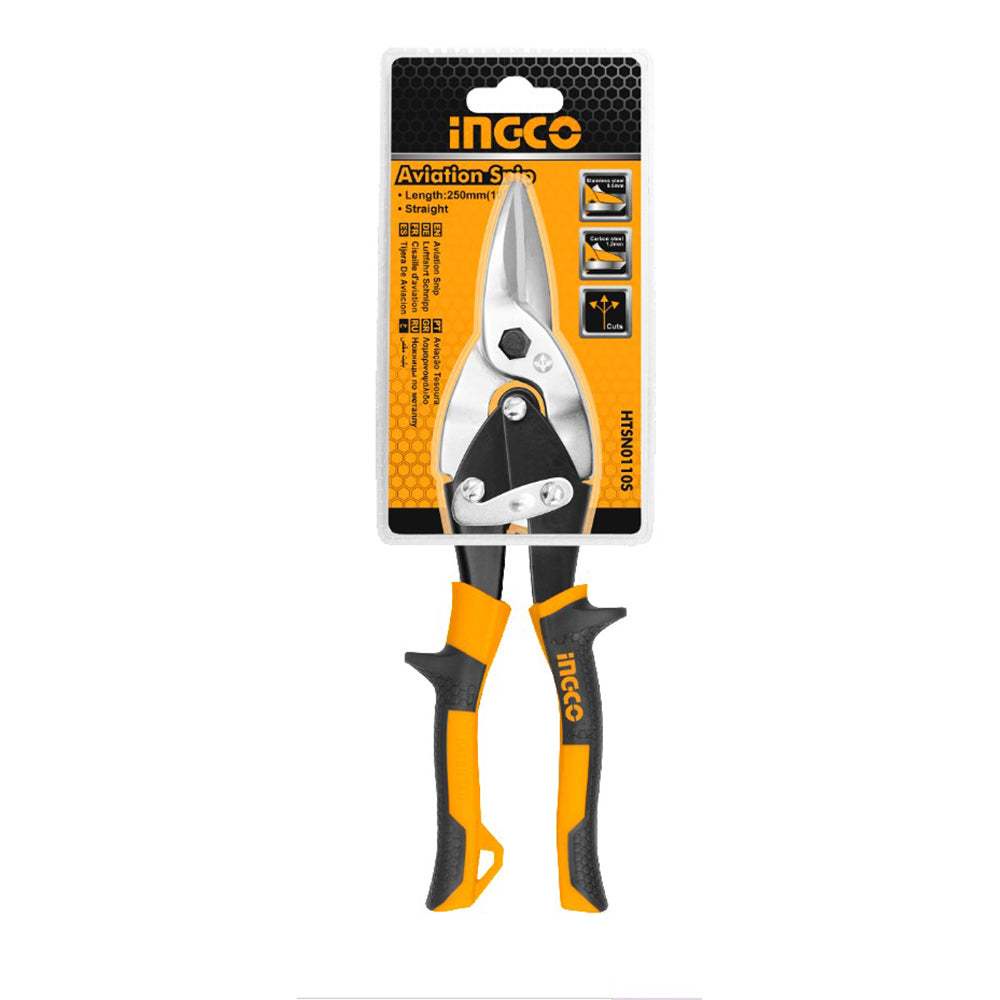 Kéo cắt tole (cắt thẳng) INGCO HTSN0110S, tay cầm mềm, Dài 250mm, thép carbon ≤1.2mm, thép không gỉ ≤0.7mm - Thinksafe