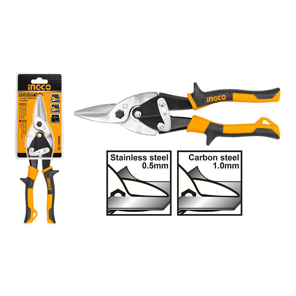 Kéo cắt tole (cắt thẳng) INGCO HTSN0110S, tay cầm mềm, Dài 250mm, thép carbon ≤1.2mm, thép không gỉ ≤0.7mm - Thinksafe