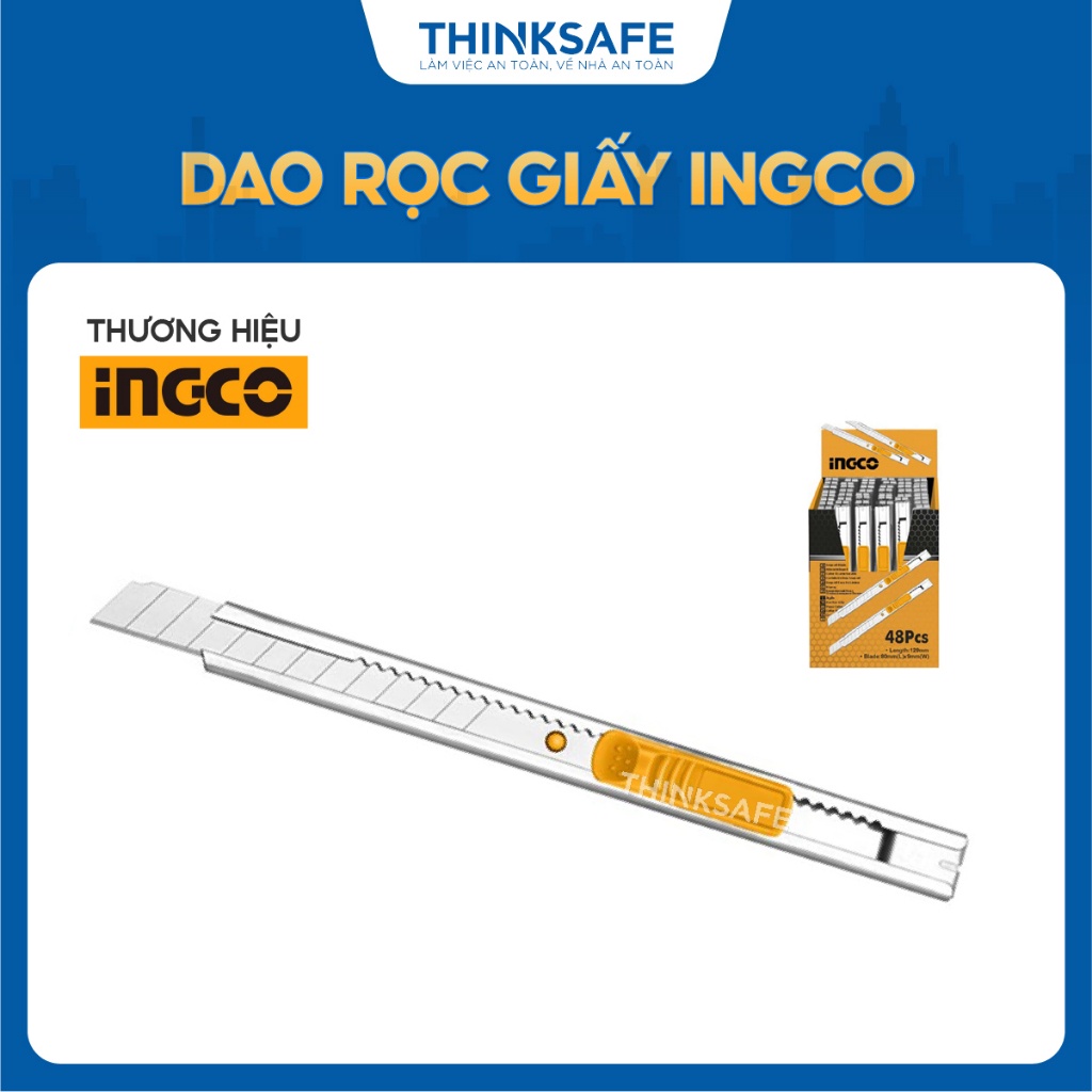 Dao Rọc Giấy INGCO HKNS1806 Hợp Kim Kẽm, Khóa Tự Động, Nút Nhấn Phẳng - Chiều Dài 129mm - Thinksafe