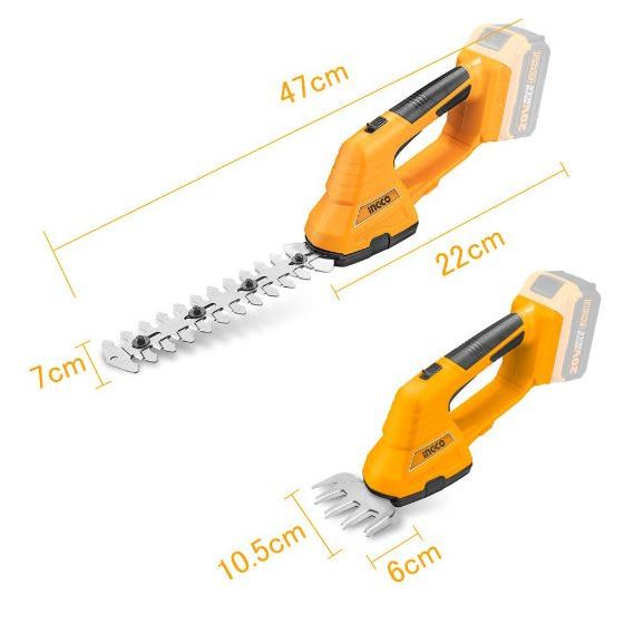Máy cắt tỉa hàng rào pin 20V INGCO CSTLI2001, lưỡi cắt laser SK5 200mm, cắt tối đa 550mm, di chuyển hai lưỡi - Thinksafe