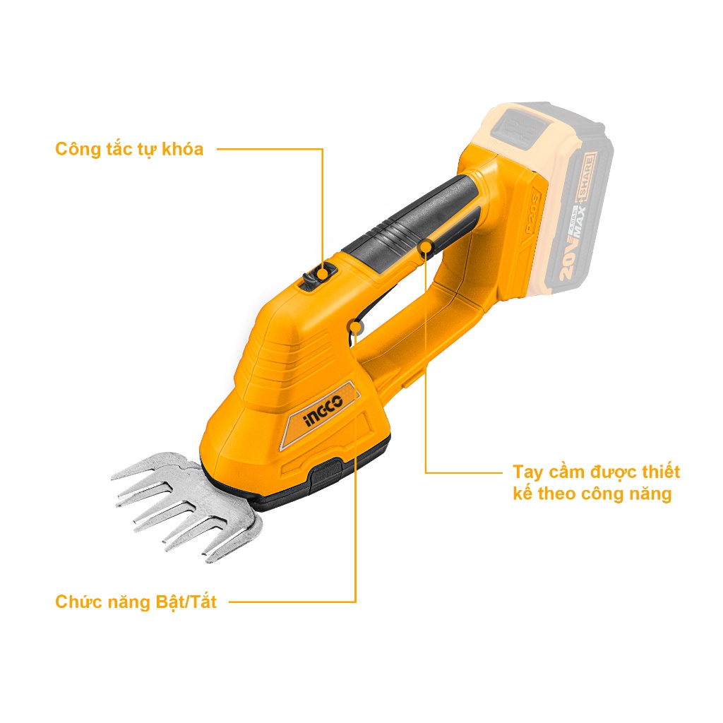 Máy cắt tỉa hàng rào pin 20V INGCO CSTLI2001, lưỡi cắt laser SK5 200mm, cắt tối đa 550mm, di chuyển hai lưỡi - Thinksafe