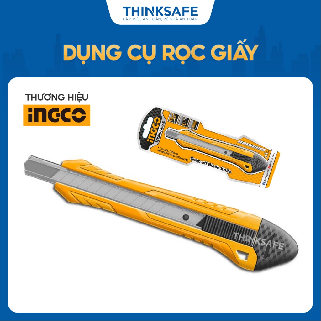 Dao rọc giấy INGCO HKNS18068 - Kích thước lưỡi 9mmx80mm - Khóa tự động - Chiều dài 150mm Thinksafe