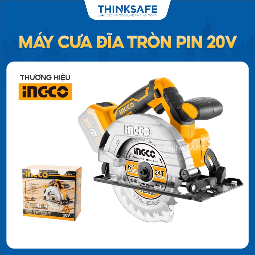 Máy cưa đĩa tròn pin 20V INGCO CSLI1651, Đường kính lưỡi cưa 165mm, Điều chỉnh cắt sâu và nghiêng, Kèm lưỡi cưa 165mm