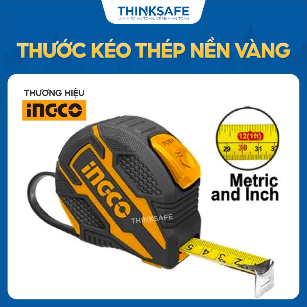 Thước cuộn thép nền vàng 3m, 5m, 8m INGCO HSMT08316 - Chiều dài và chiều rộng tự khóa - Hệ đo mét và inch - Thinksafe