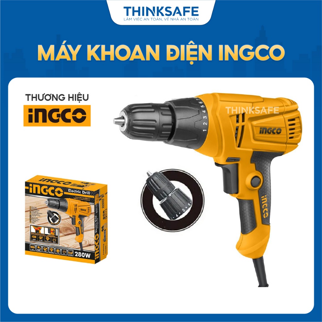 Máy Khoan Điện INGCO ED2808 220-240V, Đầu Khoan Tự Động 10mm, Điều Tốc, Công Tắc Đảo Chiều - Thinksafe