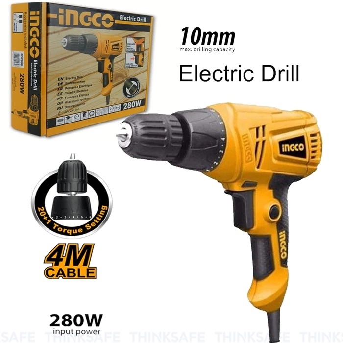Máy Khoan Điện INGCO ED2808 220-240V, Đầu Khoan Tự Động 10mm, Điều Tốc, Công Tắc Đảo Chiều - Thinksafe