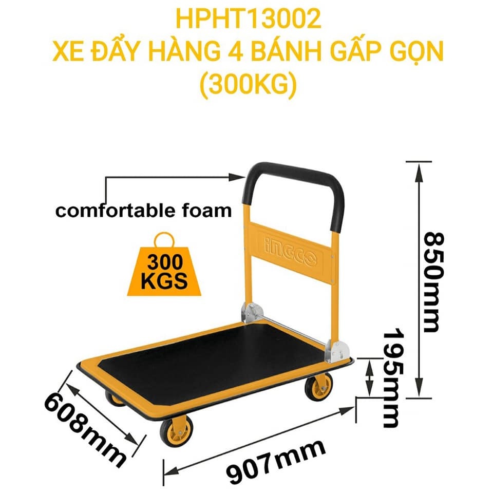 Xe đẩy hàng gấp gọn INGCO HPHT13002, tải trọng 300kg, thiết kế an toàn và tiện lợi Xe kéo hàng chính hãng - Thinksafe