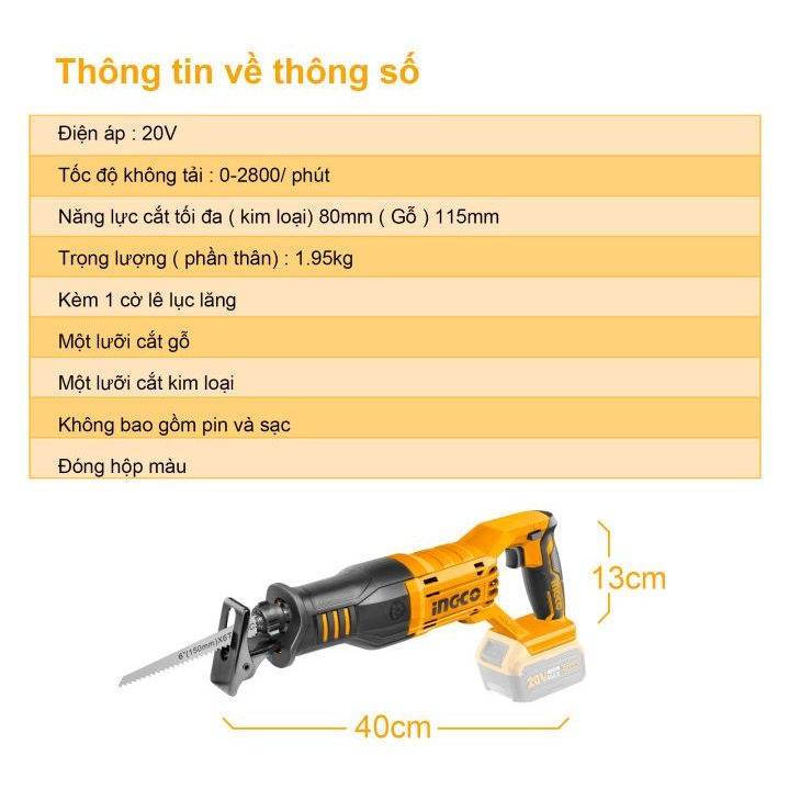 Máy cưa kiếm pin 20V INGCO CRSLI1151, Tốc độ 0-3200/min, Cắt gỗ và kim loại (Không kèm pin và sạc) - Thinksafe