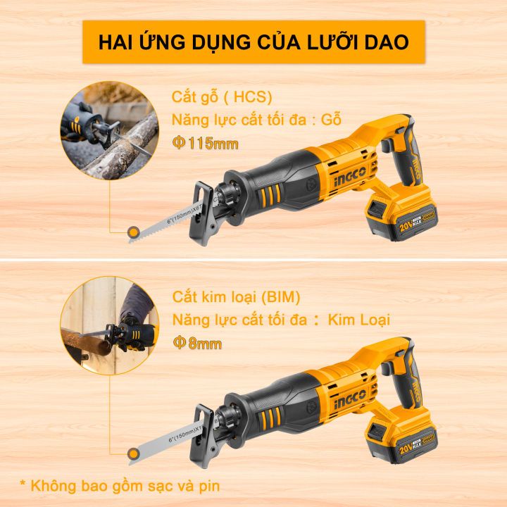 Máy cưa kiếm pin 20V INGCO CRSLI1151, Tốc độ 0-3200/min, Cắt gỗ và kim loại (Không kèm pin và sạc) - Thinksafe