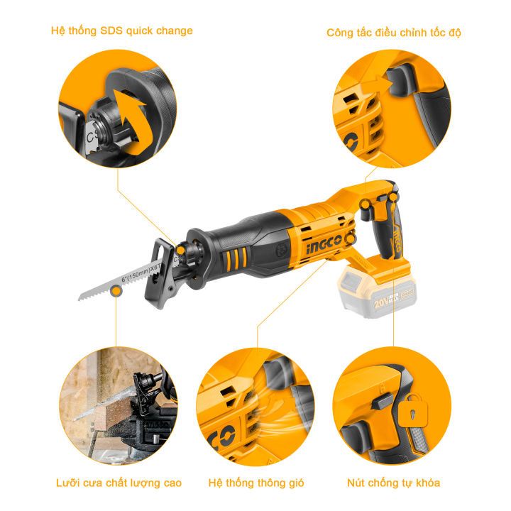Máy cưa kiếm pin 20V INGCO CRSLI1151, Tốc độ 0-3200/min, Cắt gỗ và kim loại (Không kèm pin và sạc) - Thinksafe