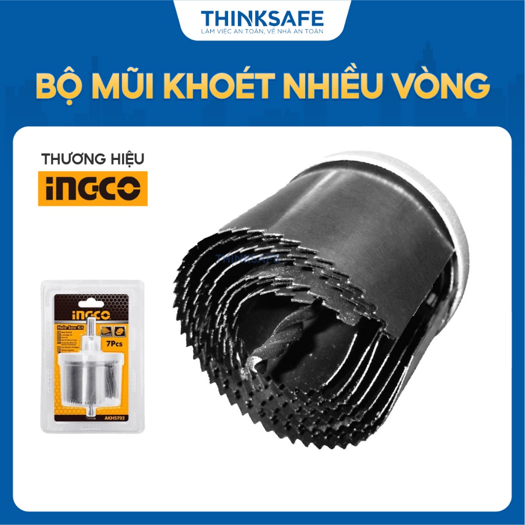 Bộ mũi khoét nhiều vòng INGCO AKHS702, đường kính lỗ khoét 26, 32, 38, 45, 50, 56, 63mm, Chiều cao mũi 50mm - Thinksafe