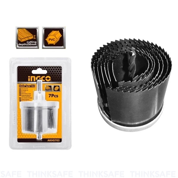Bộ mũi khoét nhiều vòng INGCO AKHS702, đường kính lỗ khoét 26, 32, 38, 45, 50, 56, 63mm, Chiều cao mũi 50mm - Thinksafe