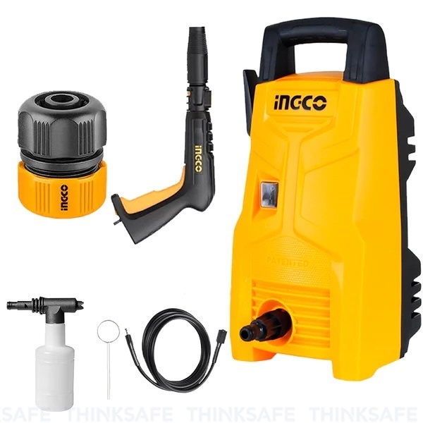 Xịt rửa INGCO điện áp 220V, Motor Chổi than, Dây Nhôm, Công suất 1200W, Áp suất 90Bar, Tự động ngưng - Thinksafe