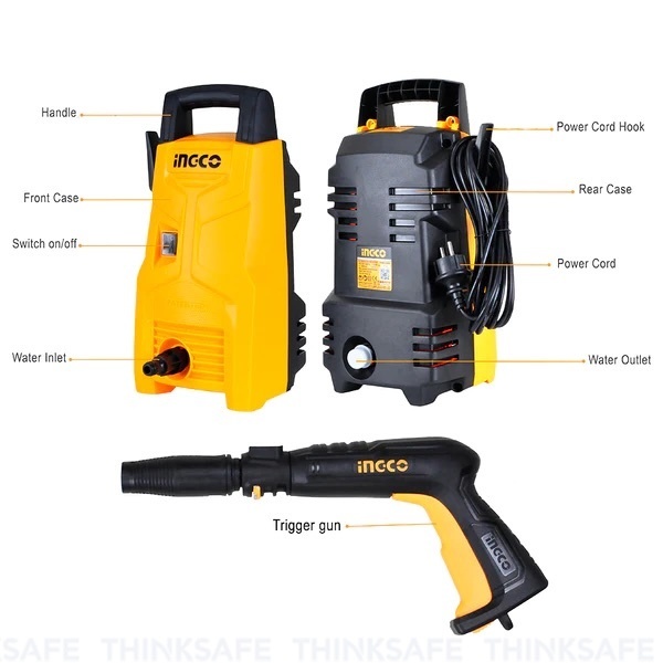 Xịt rửa INGCO điện áp 220V, Motor Chổi than, Dây Nhôm, Công suất 1200W, Áp suất 90Bar, Tự động ngưng - Thinksafe