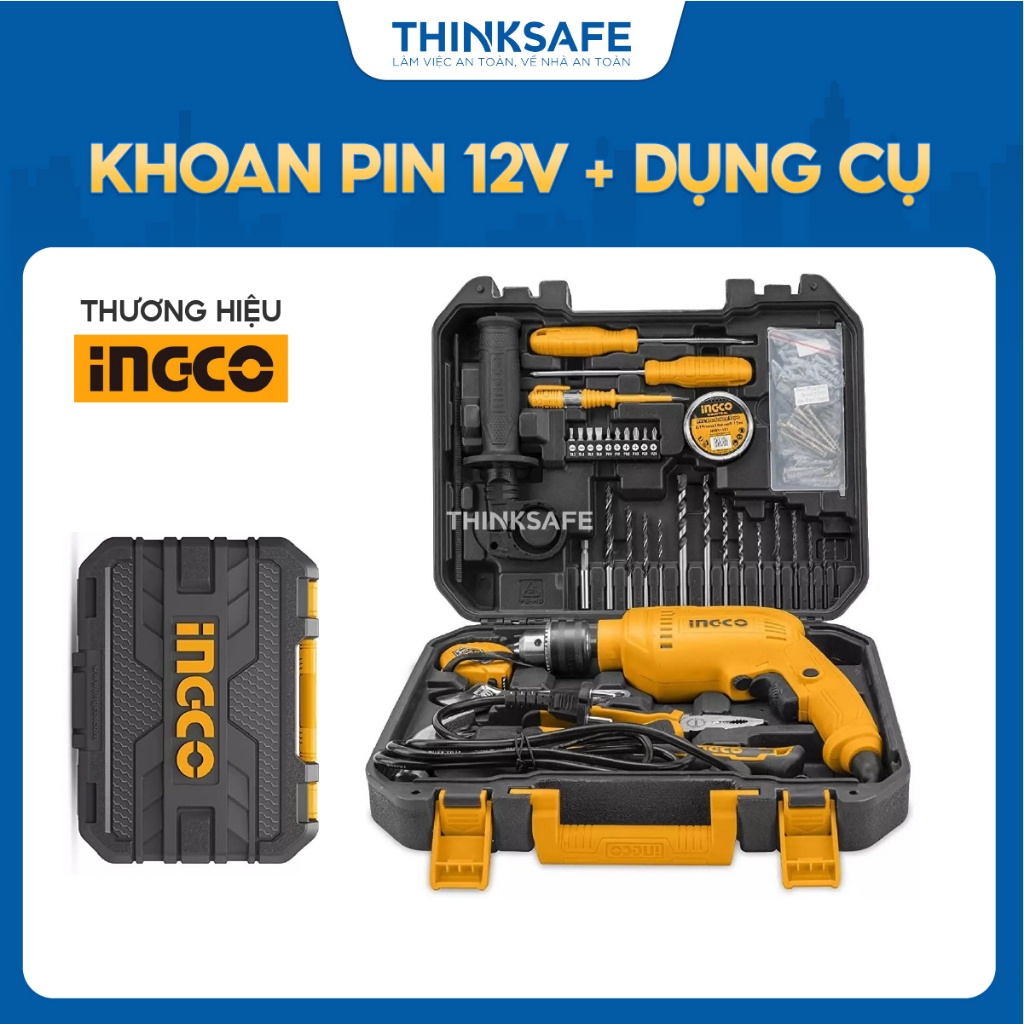 Bộ 108 món dụng cụ gia đình INGCO HKTHP11081 gồm Máy khoan pin, máy khoan búa, tua vít, mũi khoan đa dạng - Thinksafe