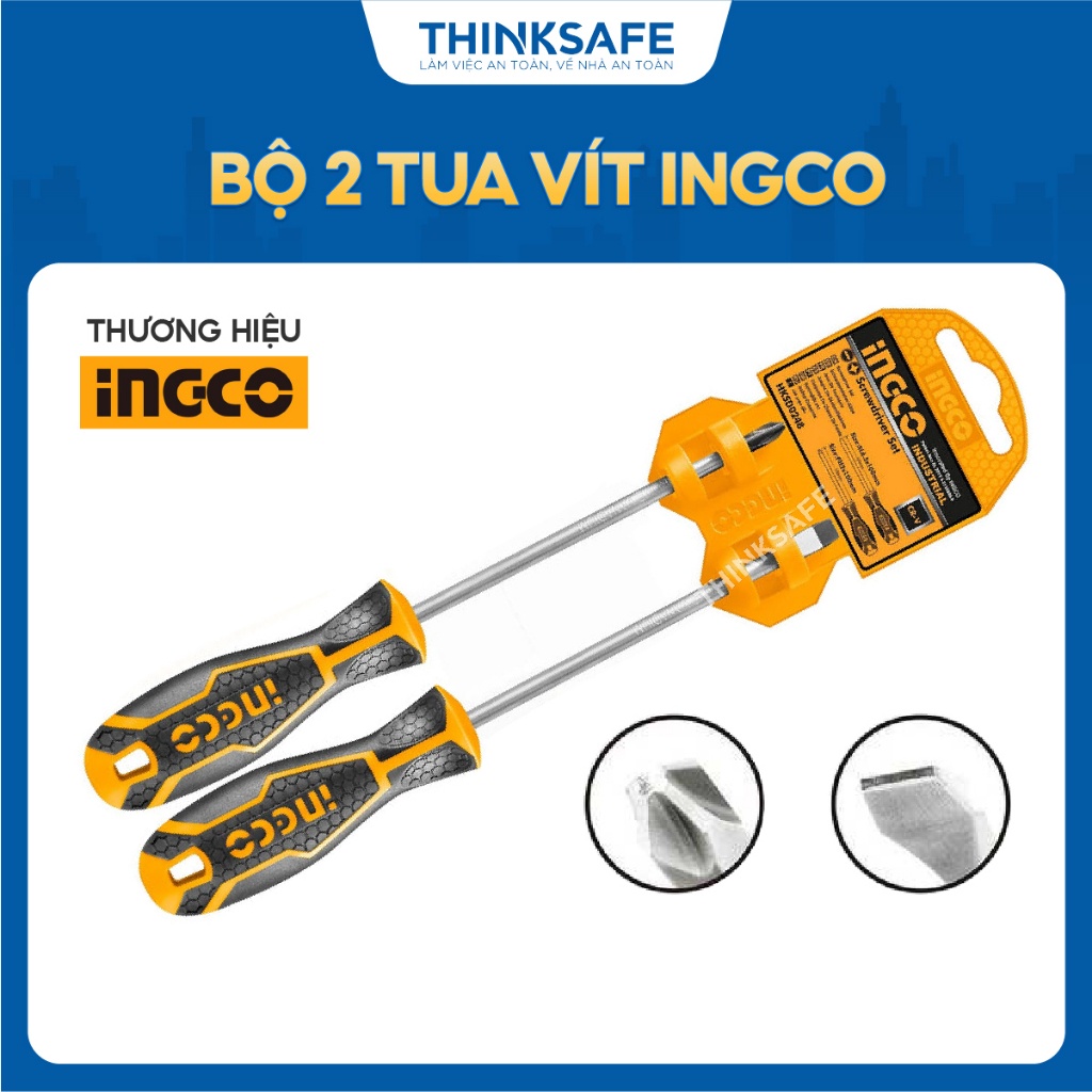 Bộ 2 tua vít INGCO HKSD0248 chất liệu CR-V, đuôi tròn, tô vít dẹp kích thước SL6.5*6*125 và bake PH2*6*125 - Thinksafe