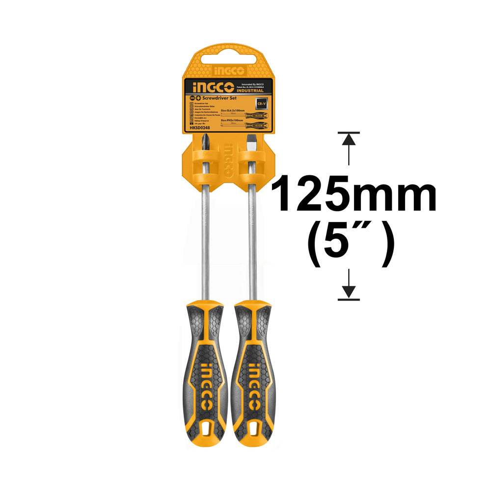 Bộ 2 tua vít INGCO HKSD0248 chất liệu CR-V, đuôi tròn, tô vít dẹp kích thước SL6.5*6*125 và bake PH2*6*125 - Thinksafe