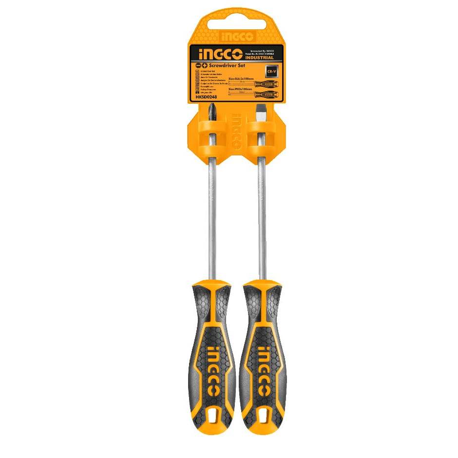 Bộ 2 tua vít INGCO HKSD0248 chất liệu CR-V, đuôi tròn, tô vít dẹp kích thước SL6.5*6*125 và bake PH2*6*125 - Thinksafe