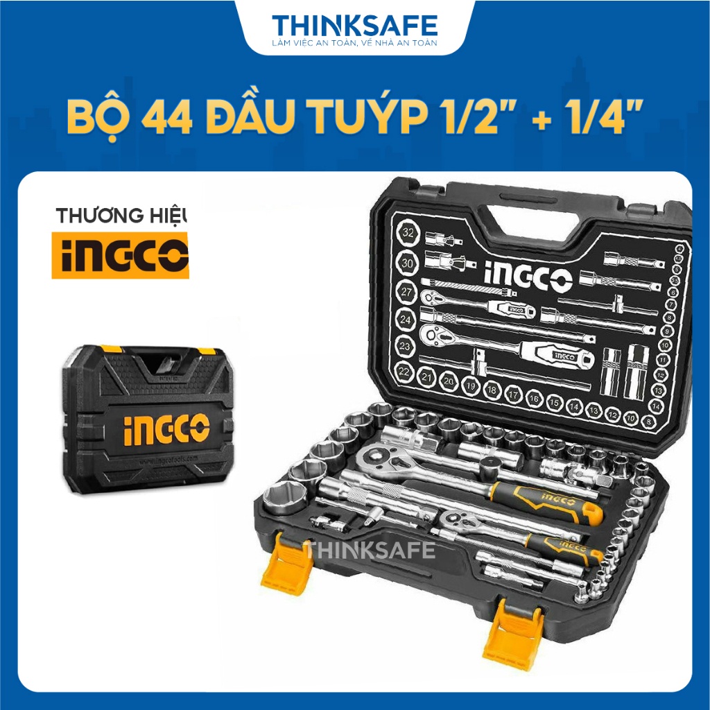Bộ 44 đầu tuýp 1/4 và 1/2 inch INGCO HKTS42441, nhiều kích thước, thanh trượt linh động, chất liệu thép crv - Thinksafe