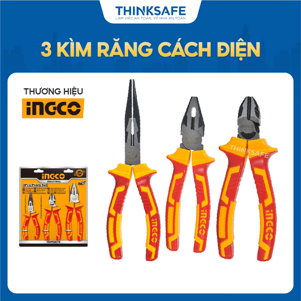 Bộ 3 kềm răng, cắt, mũi nhọn INGCO HIKPS28318, chất liệu thép Cr-V, mạ đen và đánh bóng - Cách điện 1000V Thinksafe