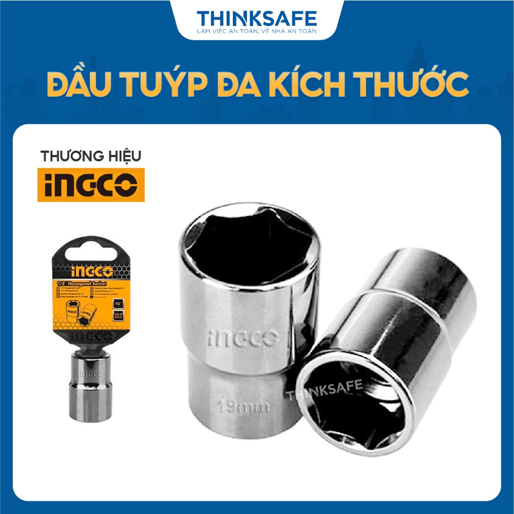 Đầu tuýp INGCO kích thước 1/2 inch, chiều dài 8 - 16 mm, đầu khẩu chất liệu 50BV30 chịu nhiệt, mạ Niken đen- Thinksafe