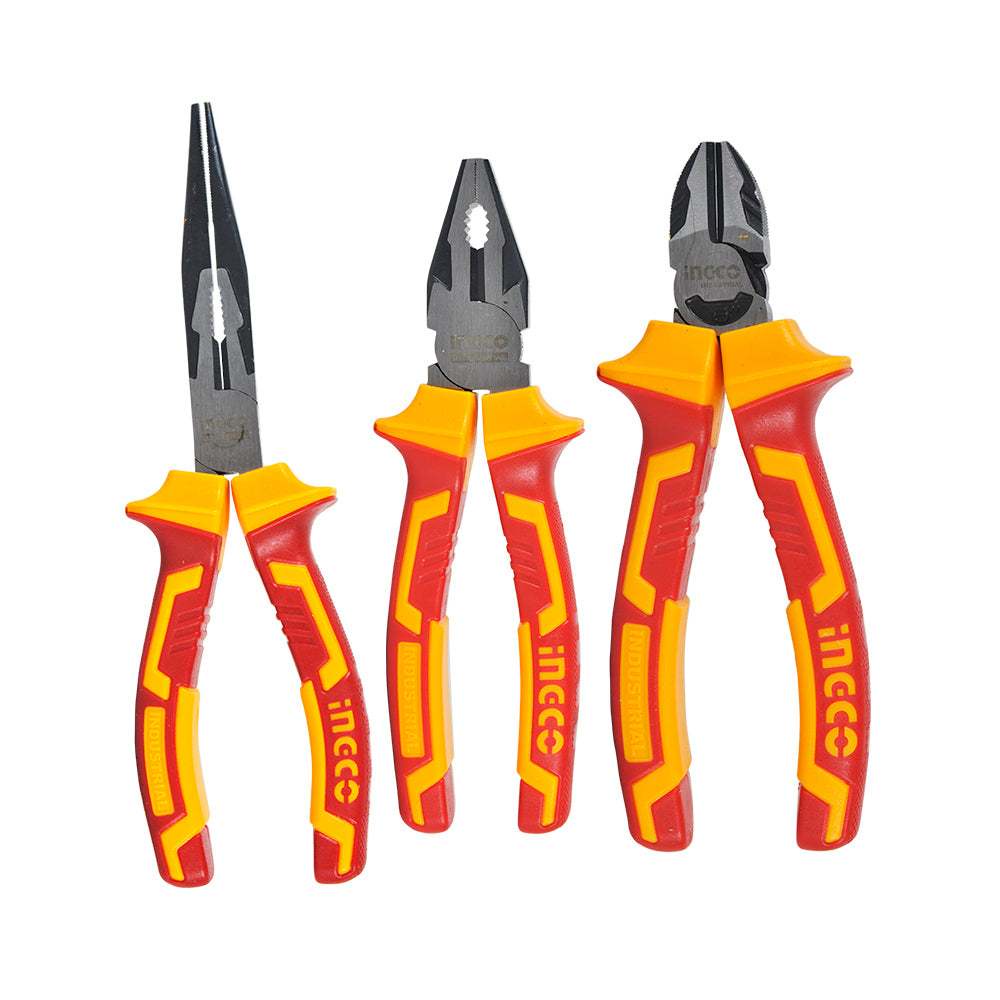 Bộ 3 kềm răng, cắt, mũi nhọn INGCO HIKPS28318, chất liệu thép Cr-V, mạ đen và đánh bóng - Cách điện 1000V Thinksafe